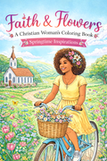 Coloring book cover with a woman on a bike in a springtime setting, featuring a church and flowers.