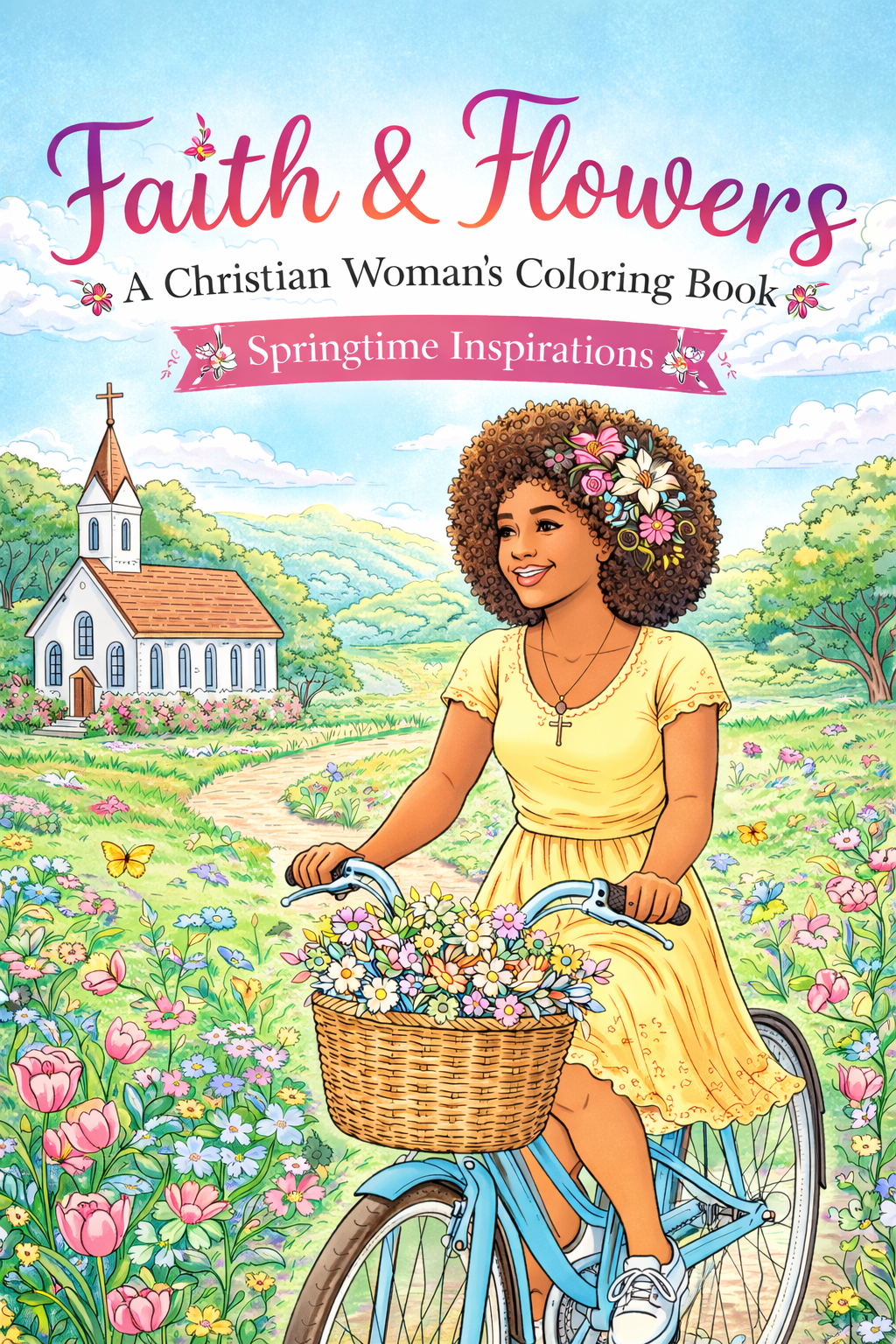 Coloring book cover with a woman on a bike in a springtime setting, featuring a church and flowers.